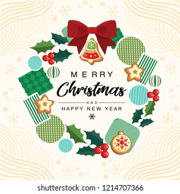 Merry Christmas invitation with cookie and gemoetric design. Vector Gift box.