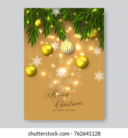 Merry Christmas invitation with fir and bolls toys and garland