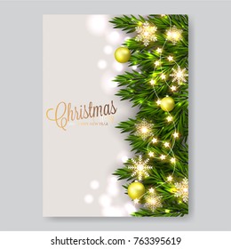 Merry Christmas invitation with fir and bolls toys and garland