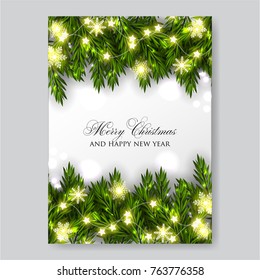 Merry Christmas invitation with fir and bolls toys and garland