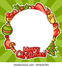 Merry Christmas invitation frame with holiday symbols.