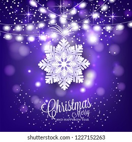 Merry Christmas invitation with gift box fir branch snowflake balls toy lights