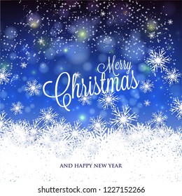Merry Christmas invitation with gift box fir branch snowflake balls toy lights