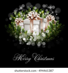 Merry Christmas invitation gift box in wreath of fir branches