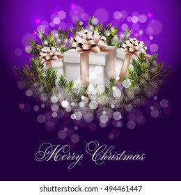 Merry Christmas invitation gift box in wreath of fir branches