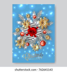 Merry Christmas invitation with gift box fir branch snowflake balls toy lights