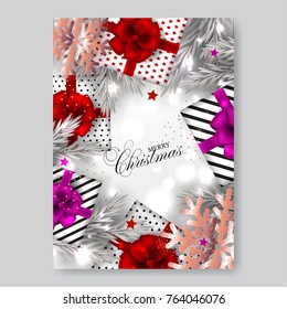 Merry Christmas invitation with gift box with red bow fir 