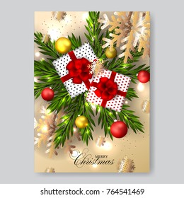 Merry Christmas invitation with gift box with red bow fir 