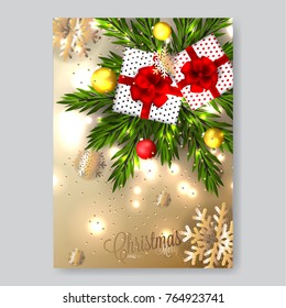 Merry Christmas invitation with gift box fir branch snowflake balls toy lights