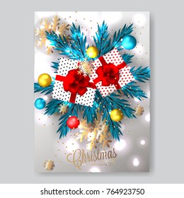 Merry Christmas invitation with gift box fir branch snowflake balls toy lights