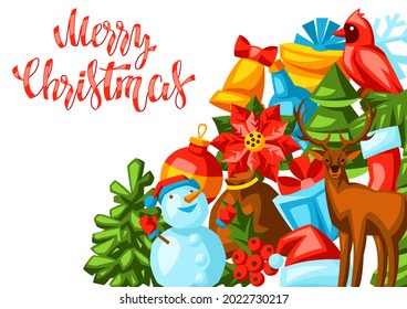 Merry Christmas invitation or greeting card. Holiday illustration in cartoon style.
