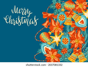 Merry Christmas invitation or greeting card. Holiday illustration in vintage style.