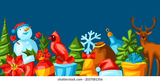 Merry Christmas invitation or greeting card. Holiday illustration in cartoon style.