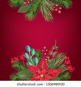 Merry Christmas invitation and Happy New Year Party greeting card and poster with place for text. Holiday design template Christmas decoration fir tree, poinsetia