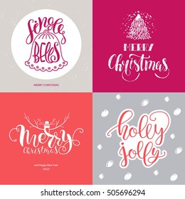 Merry Christmas invitation set. Holiday lettering. Vector printable cards, stickers and banners with Bell, Christmas tree, reindeer antlers, knit cap. 