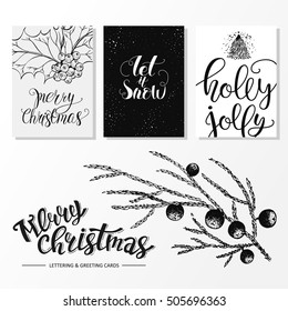 Merry Christmas invitation set. Vector printable cards, stickers and banners with branch with berries, Christmas tree. Christmas lettering.