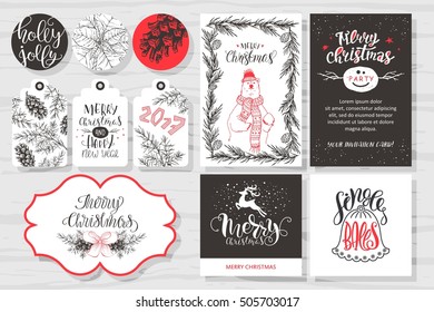 Merry Christmas invitation set. Vector printable cards, stickers and banners withwith lettering,  pine cone, branch with berries, bear, bell, poinsettia, deer horns.