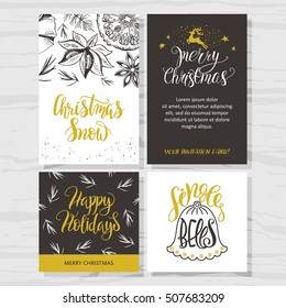  Merry Christmas invitation set. Vector printable cards, stickers and banners with holiday lettering, orange, snow, cinnamon, sprigs, deer, bells.