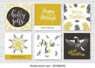  Merry Christmas invitation set. Vector printable cards, stickers and banners with lettering, orange, snow, fir cones, cinnamon, sprigs, bullfinch.