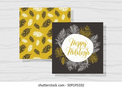  Merry Christmas invitation set. Vector printable cards, stickers and banners with lettering, fir cones, fir branches. Winter simless pattern. Happy Holidays.