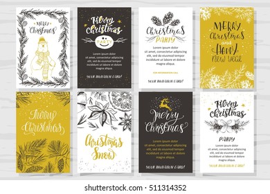 Merry Christmas invitation set. Vector printable cards, stickers and banners with lettering,  bear in knitted hat, fir, cones, deer, cinnamon, dried orange.