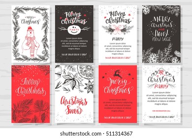 Merry Christmas invitation set. Vector printable cards, stickers and banners with lettering,  bear in knitted hat, fir, cones, deer, cinnamon, dried orange.