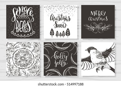  Merry Christmas invitation set. Vector printable cards, stickers and banners with lettering, orange, snow, fir cones, cinnamon, sprigs, bullfinch.