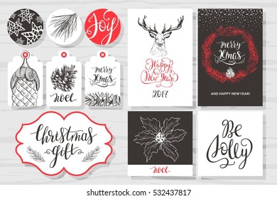 Merry Christmas invitation set. Vector printable cards, stickers and banners with lettering, pine cone, pine branches, deer antlers, holly, stars, Christmas wreath.