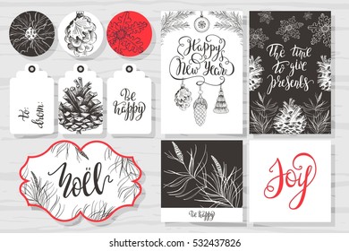 Merry Christmas invitation set. Vector printable cards, stickers and banners with lettering, Christmas toy on a tree, a pine cone, snowflakes, fir branch, holly.