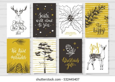  Merry Christmas invitation set. Vector printable cards, stickers and banners with lettering, frosty pattern on glass, pine branches, pine cones, pine, young deer, deer with horns, holly, snowflakes.