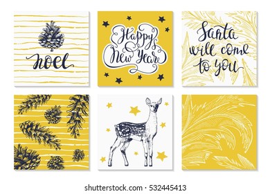  Merry Christmas invitation set. Vector printable cards, stickers and banners with lettering, pine cone, stars, winter pattern on glass, baby deer.
