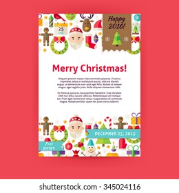 Merry Christmas Invitation Template Flyer. Flat Design Vector Illustration of Brand Identity for Happy New Year Promotion. Winter Holiday Colorful Pattern for Advertising.