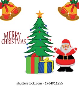 Merry christmas invitation vector illustration of santa clous and christmas tree with gifts