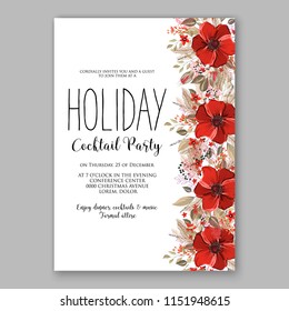 Merry Christmas Invitation vector template cheerful Winter floral wreath background of velvet red anemone poppy peony fir needle pine greenery privet berry wording text