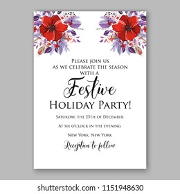 Merry Christmas Invitation vector template cheerful Winter floral wreath background of velvet red anemone poppy peony fir needle pine greenery privet berry wording text