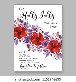 Merry Christmas Invitation vector template cheerful Winter floral wreath background of velvet red anemone poppy peony fir needle pine greenery privet berry wording text