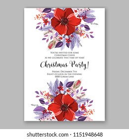 Merry Christmas Invitation vector template cheerful Winter floral wreath background of velvet red anemone poppy peony fir needle pine greenery privet berry wording text