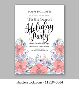 Merry Christmas Invitation vector template cheerful Winter floral wreath background of pink anemone poppy peony blue fir needle pine greenery privet berry wording text