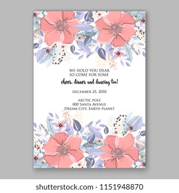 Merry Christmas Invitation vector template cheerful Winter floral wreath background of pink anemone poppy peony blue fir needle pine greenery privet berry wording text