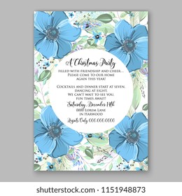 Merry Christmas Invitation vector template cheerful Winter floral wreath background of blue anemone poppy peony fir needle pine greenery privet berry wording text