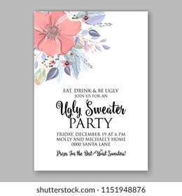 Merry Christmas Invitation vector template cheerful Winter floral wreath background of pink anemone poppy peony blue fir needle pine greenery privet berry wording text