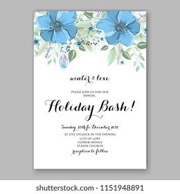Merry Christmas Invitation vector template cheerful Winter floral wreath background of blue anemone poppy peony fir needle pine greenery privet berry wording text