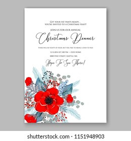 Merry Christmas Invitation vector template cheerful Winter floral wreath background of Bright red anemone poppy peony fir needle pine greenery privet berry wording text