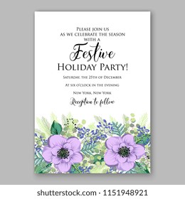 Merry Christmas Invitation vector template cheerful Winter floral wreath background of violet anemone poppy peony fir needle pine greenery privet berry wording text
