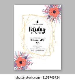 Merry Christmas Invitation vector template cheerful Winter floral wreath background of coral pink anemone poppy peony fir needle pine greenery privet berry wording text
