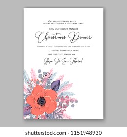 Merry Christmas Invitation vector template cheerful Winter floral wreath background of coral pink anemone poppy peony fir needle pine greenery privet berry wording text