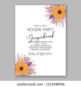 Merry Christmas Invitation vector template cheerful Winter floral wreath background of peach anemone poppy peony fir needle pine greenery privet berry wording text