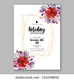 Merry Christmas Invitation vector template cheerful Winter floral wreath background of velvet red anemone poppy peony fir needle pine greenery privet berry wording text