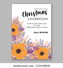 Merry Christmas Invitation vector template cheerful Winter floral wreath background of orange anemone poppy peony fir needle pine greenery privet berry wording text