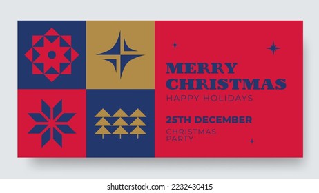 Merry Christmas invitation vintage card. Blue and red Xmas invite with geometric decoration.